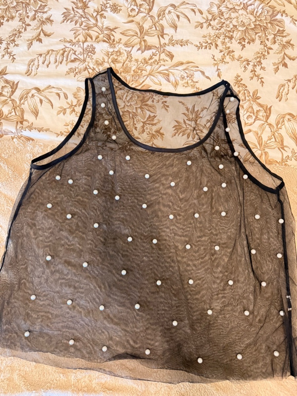 SHEIN Black Sheer Mesh Tank with Pearl Accents
